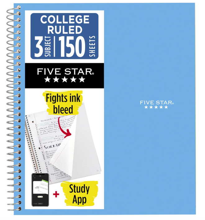 Five Star Spiral Notebook + Study App, 3 Subject, College Ruled Paper